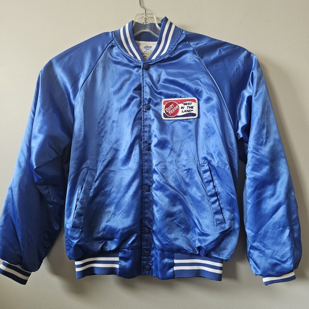 Vintage Satin Jacket Men's Size Large Dairy Fresh Best In The Land Patch Blue